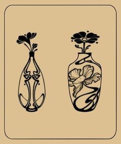 two vases with flowers in them sitting side by side on a beige background, one is black and the other is white