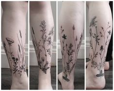 four different views of the legs with flowers and butterflies tattooed on each side of them