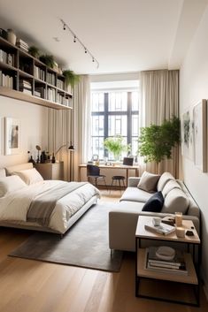 a living room with a bed, couch and bookshelf on the wall next to a window