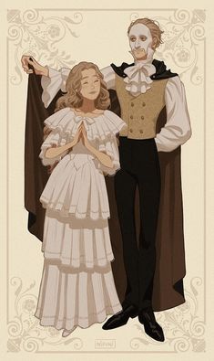 an illustration of a man and woman dressed up as dracula and the girl is wearing a white dress