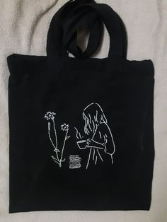 Tote Bag Diy Pattern, Aesthetic Embroidery, Black And White Tote Bags, Bag Patches, Tote Bag Aesthetic, White Tote Bag, Bag Aesthetic, Embroidery Bags