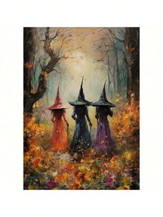 three witches walking in the woods with their heads covered by black hats and colorful flowers