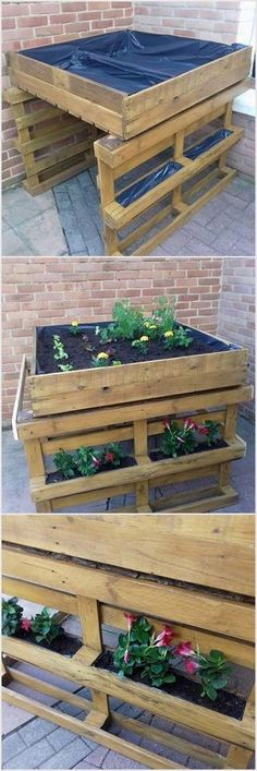 three wooden planters with plants growing out of them