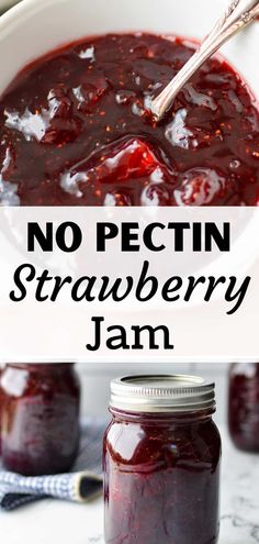 no pectin strawberry jam in a white bowl with a spoon and jar next to it