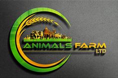 the logo for an animal farm, with horses and cows standing in front of it