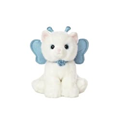 a white stuffed animal with blue wings on it's head and eyes, sitting in front of a white background