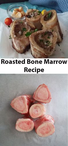 roasted bone marroon recipe on the left and raw bone in the middle, with text overlay that reads roasted bone marroon recipe