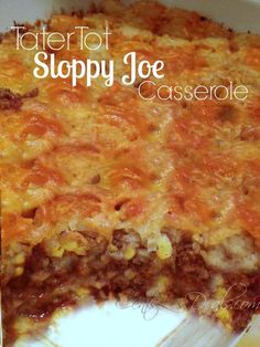 a close up of a casserole dish on a plate with the words sloppy joe casserole