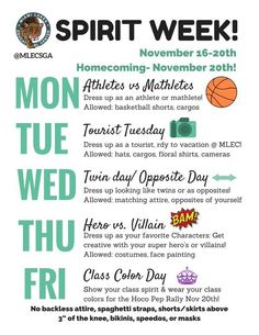 the poster for spirit week is shown in green and white with an image of a basketball ball