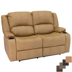 the reclining loveseat has two pillows on top of it and is tan