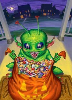 a green alien sitting on top of a pile of candy