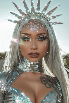 Silver Alien Costume Makeup, Astronaut Halloween Makeup, Halloween Costumes Women Alien, Silver Costume Halloween, Silver Hair Halloween Costume, Alien Rave Makeup, Alien Diy Costume Women, Out Of This World Makeup, Rhinestone Cowgirl Makeup