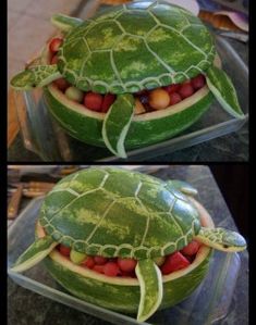 a watermelon shaped like a turtle with fruit in it's mouth and another image of a turtle made out of watermelon