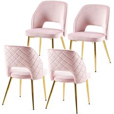 four pink velvet chairs with gold legs and diamond design on the back, set of 4