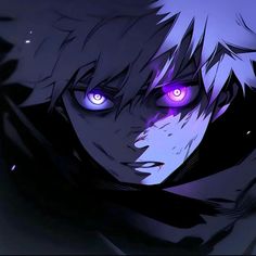 an anime character with purple eyes staring at the camera