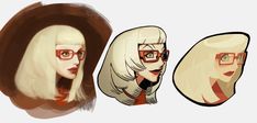 three cartoon heads with different hair styles and glasses