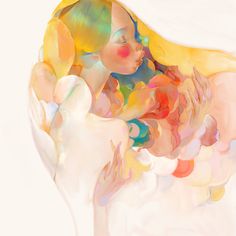 an abstract painting of a woman's face and body with multicolored hair