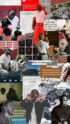 collage of black and white images with red accents, including the words damn on them