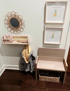 Montessori toddler entry way chair rain coat shoes mirror purse shelf Selfcare Station Montessori, Montessori Stations At Home, Montessori Getting Ready Station, Montessori Spaces At Home, Montessori Vanity, Montessori Mudroom, Toddler Getting Ready Station, Montessori Entryway Ideas, Montessori Get Ready Station