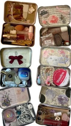 several open tins filled with different types of items