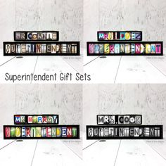 four different images of the words superintendent gift sets in multiple colors and sizes