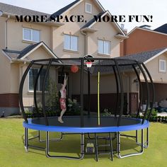 a man is jumping on a trampoline in front of a house with the words more space more fun