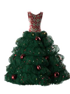 a green christmas tree with red and gold ornaments on it's bottom, in front of a white background