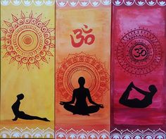 three yoga banners with the silhouettes of people doing yoga in front of an ombrephant