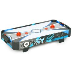 an air hockey table with two red and blue balls on it's sides, in front of a white background