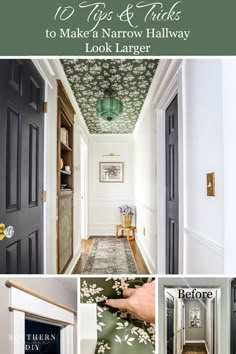 the hallway is decorated in green and white with floral wallpaper, black doors, and rugs