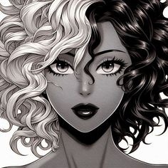 a black and white drawing of a woman with curly hair