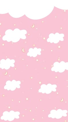 a pink background with white clouds and stars