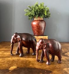 three wooden elephants standing next to a potted plant on top of a wood table