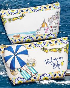 Beach time in Italy! Time for 'Il dolce far niente' under a colorful sun umbrella on the Amalfi Coast or any other of your favorite riviera's in Italy. Find me in Italy! Printed on both sides. Perfect for Italian gift ideas, Italian weddings and lemon or Italy themed events! Can be personalized for you, simply contact us. Average cost of personalization: 5 Euros. Size Large: 30 cm x 21 cm Inches: 11.8 x 8,5 -Made on demand, DTG printed and sewn together from scratch, packed and shipped from the Amalfi Coast Diy, Italian Riviera Party, Amalfi Coast Bridal Shower Theme, Italy Themed Bridal Shower Ideas, Amalfi Coast Theme Party, Amalfi Coast Italy Vespa, Amalfi Coast Graphic Design, Amalfi Coast Souvenirs, Amalfi Coast Umbrellas