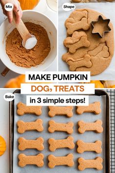 the steps to make pumpkin dog treats in 3 simple steps, including baking and decorating