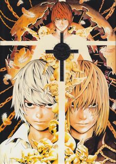 two anime characters standing next to each other in front of a cross with flowers on it