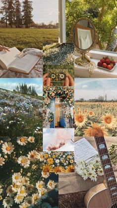 a collage of photos with flowers, books and an open book on a table