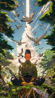 a man sitting in the middle of a forest with birds flying around him and on his knees