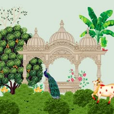 a painting of a peacock and a cow in front of a gazebo with trees