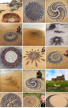 many different pictures of people making intricate designs on the sand with their hands and feet