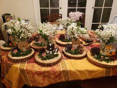 a table topped with vases filled with white flowers and pine cones on top of wooden slices