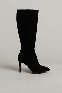 Blending The Tasteful With The Timeless, These Soft Suede Boots Lengthen Legs Thanks To Their Knee-High Silhouette And Mid-Height Spike Heels.. Textured Panels And Almond Toes Bring An Added Dash Of Sophistication. Long Boots With Heels, Textured Panels, Black High Heel Boots, Fashion Footwear, Spike Heels, Black Suede Boots, Karen Millen, Heel Boots, High Heel Boots