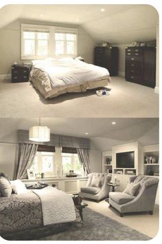 there are two pictures of a bedroom with white furniture and gray carpeted flooring