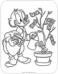 a cartoon duck watering money in a pot