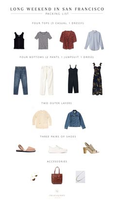 San Francisco Capsule Wardrobe Fall, Spring Weekend Packing List, Long Weekend Packing List Spring, Weekend Packing List Spring, Long Weekend Packing List Fall, San Francisco Spring Outfit Ideas, San Francisco Spring Outfit, City Weekend Outfit, San Francisco Fall Outfits