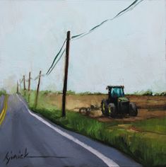 an oil painting of a tractor on the side of a road near a telephone pole