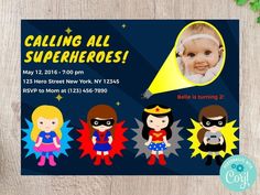 this is an image of a birthday card for a child's superhero themed party