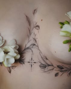 sensual and feminine tattoos Underbreast Tattoo Sunflower, Cool Spinal Tattoo, Large Delicate Tattoo, Women’s Under Breast Tattoos, Botanical Tattoo Women, Sternum Piece Tattoo, Underbust Tattoo Ideas Floral, Floral Underbust Tattoo, Sternum Vine Tattoo Women