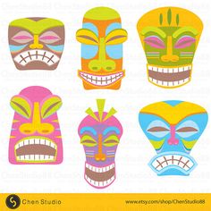 four colorful masks with different faces on them