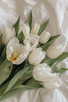 a bouquet of white tulips with green leaves on a white sheeted surface